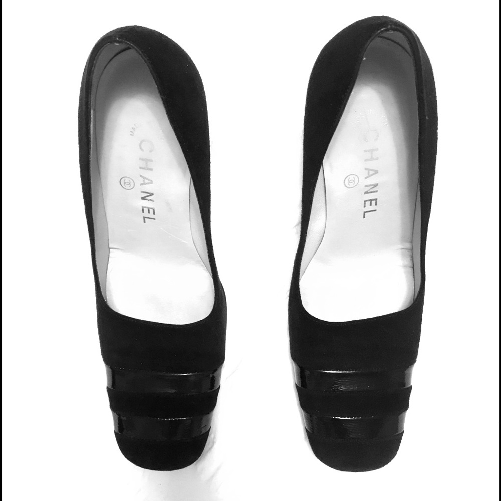CHANEL Suede Square-Toe Pumps with silver band